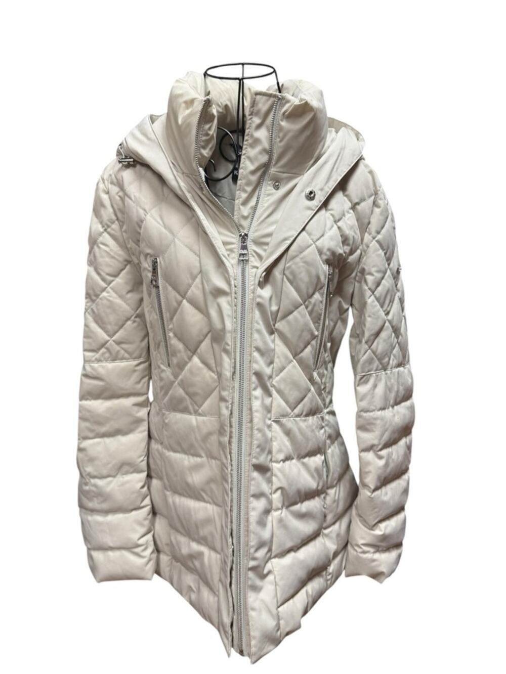 Karl Lagerfeld Cream Quilted Hooded Puffer Jacket Large - Picture 1 of 9